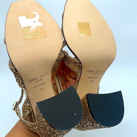 Jimmy Choo Gold Metallic glitter Joya Block heel strappy sandals 38 - Picture 6 of 7